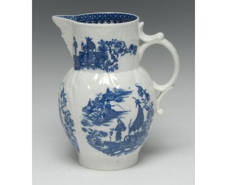 A Caughley Fisherman pattern cabbage leaf moulded jug, mask spout, printed with five prints of the fisherman and his sampan, 