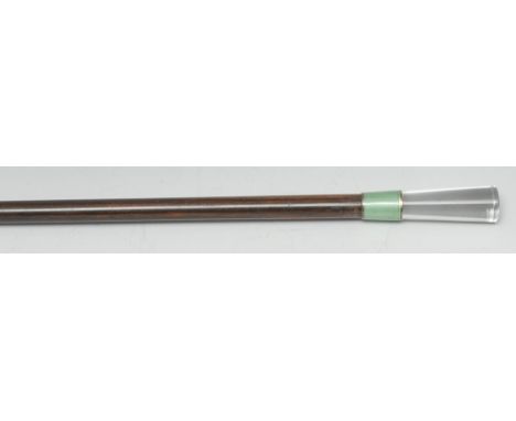 A French Art Deco rock crystal, guilloché enamel and rosewood walking stick, tapering specimen handle above a green guilloché