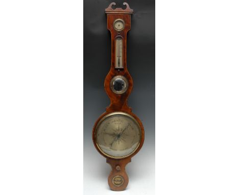 A 19th century mahogany wheel barometer, silvered engraved dial, the level inscribed E Spetzin, Leather Lane, London, alcohol