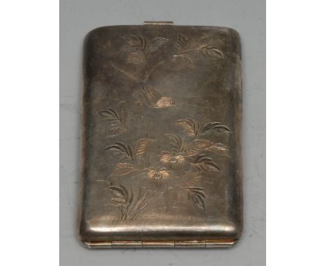 A Chinese silver rounded rectangular visiting card case, bright-cut engraved in the Aesthetic Movement taste with a bird amon