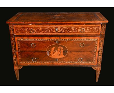 An 18th century North Italian walnut and marquetry commode, in the manner of Giuseppe Maggiolini, rectangular top above three