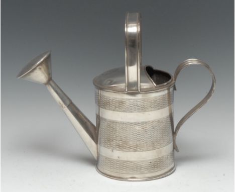 An unusual E.P.N.S horticulturalist's watering can, engine turned and monogrammed, 25.5cm high, c.1900