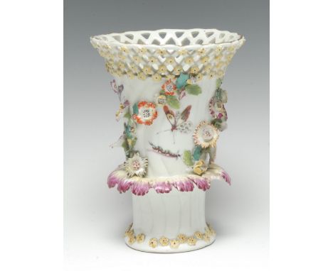 A Derby Patch Mark Frill vase, of waisted wrythen cylindrical form, applied with garlands of flowers and leaves, painted with