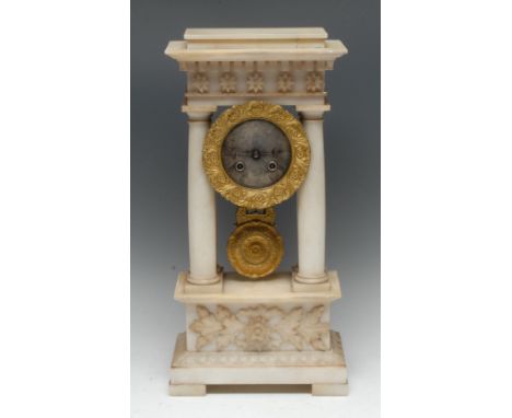 A Louis Phillipe alabaster portico clock, 8cm silvered dial inscribed with Roman numerals, gilt bezel, twin winding holes, 8-