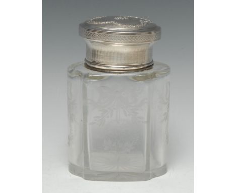 An early 20th century French scent/smelling salt bottle, large stopper, the shaped clear glass bottle etched with ribbon tied