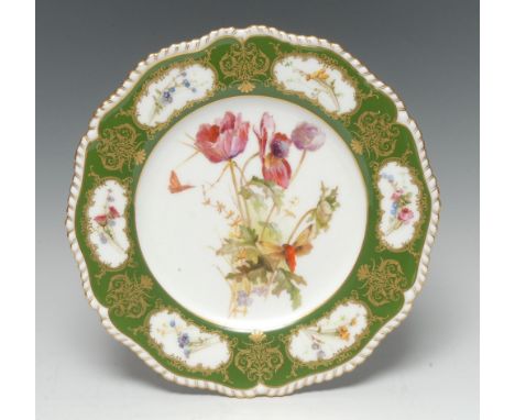 A Royal Worcester shaped circular plate, painted possibly by Edward Raby, with wild flowers and moths, the rim with six carto