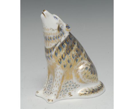 A Royal Crown Derby paperweight, Howling Wolf, printed mark, gold stopper, limited edition 348/2500, certificate, boxed Condi