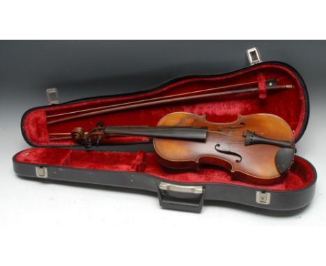 A violin, the two-piece back 36cm long excluding button, outlined throughout with purfling, 59.5cm long overall, the two bows