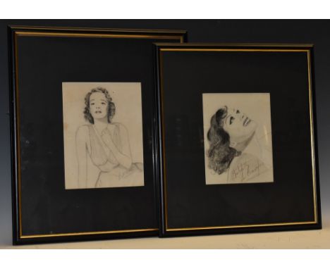 Joan Crawford (1904-1977) - an amateur's pencil and body colour portrait of the actress, later dedicated and autographed by t