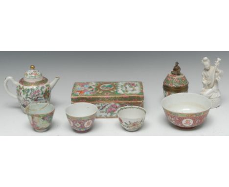A Cantonese rectangular box and cover, decorated in Famille Verte with figures and peonies, the ground with flowers and scrol
