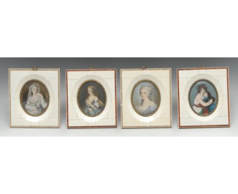 French School, a set of four portrait miniatures, of ladies of title, after the 18th century, oval, watercolour on ivorine, o