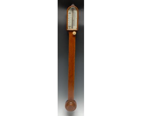 An  Edwardian oak cased scientific/industrial stick barometer, segmental top, bevelled glass to scale, mercury thermometer sc