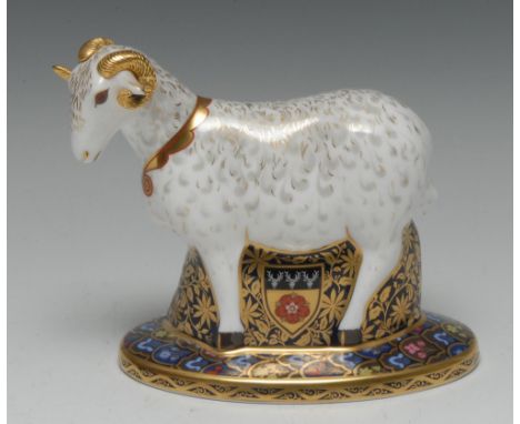 A Royal Crown Derby paperweight, Heraldic Derbyshire Ram, the first in a pair of paperweights inspired by The Derbyshire Coat