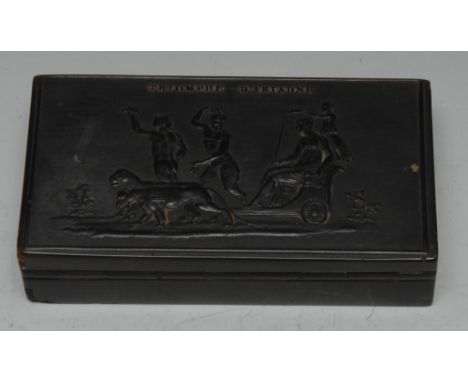 A French Empire pressed horn rectangular snuff box, the hinged cover in relief with the Triumph of Ariadne, reeded ground, sh
