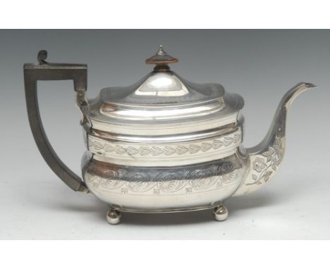A George III silver rectangular boat shaped teapot, hinged domed cover, bright-cut engraved with leafy scrolls, bands and ros