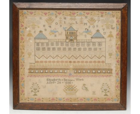 A late William IV/early Victorian square needlework sampler, by Elizabeth Senior/Work/Aged 20/1838, embroidered in colourful 