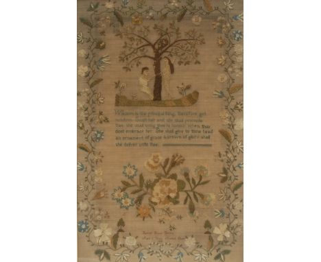 A George IV rectangular sampler, embroidered by Harriot Spencer Bunting, Age 11 Years,  Matlock School, 1832, with Adam and E