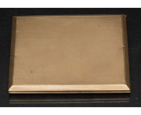 A 9ct gold rectangular cigarette case, engine turned throughout, slide lock hinge, S J Rose &amp; Son, London, mark worn poss
