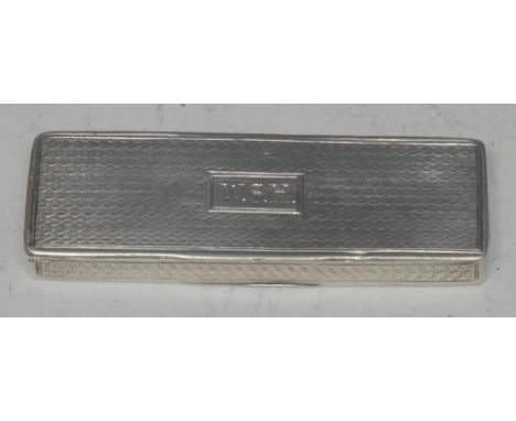 An early Victorian silver toothpick case, engine turned overall, hinged cover, 7cm wide, Joseph Willmore, Birmingham 1839