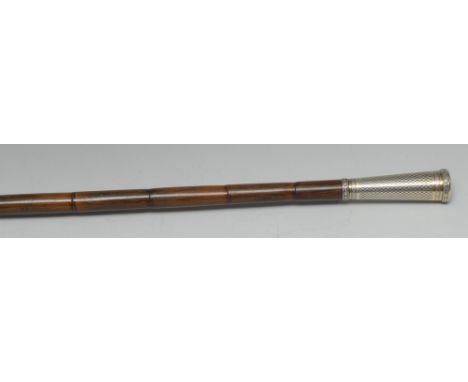 A French Belle Époque silver-mounted bamboo walking stick, tapering cylinder handle chased with neoclassical leafy friezes be