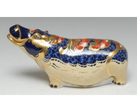 A Royal Crown Derby paperweight, Hippopotamus, special gold backstamp edition, printed marks, gold stopper, limited edition 7