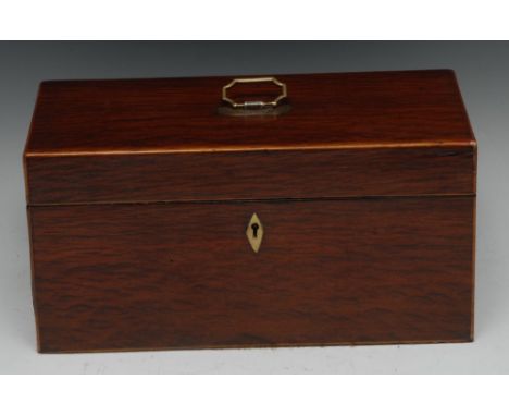 A George IV partridge wood rectangular tea caddy, quite plain, the hinged cover centred by a canted swing handle and escutche