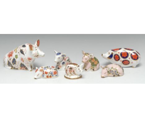 A Royal Crown Derby paperweight, Sitting Pig, printed mark, gold stopper, boxed; others, Pig, ceramic stopper; Sitting Piglet