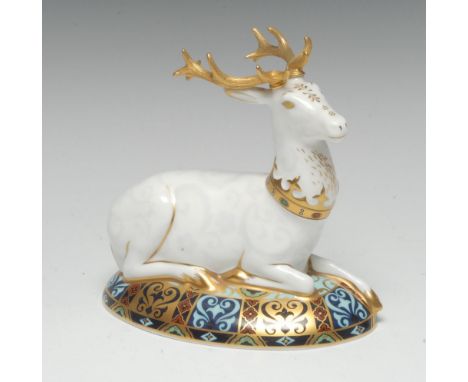 A Royal Crown Derby paperweight, The White Hart Heraldic Stag, the third in a series inspired by Heraldic Beasts,  printed ma