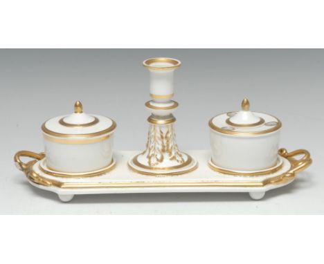 A Bloor Derby rare inkstand, with taper stick and two wells, bordered in gilt, 28cm wide, c.1825