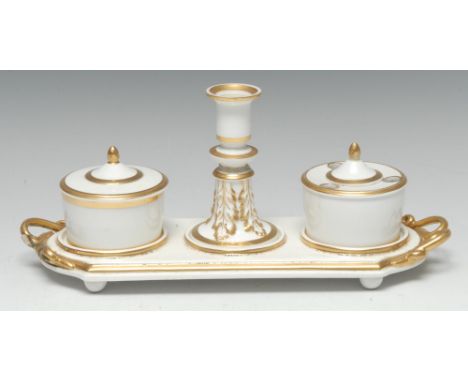 A Bloor Derby rare inkstand, with taper stick and two wells, bordered in gilt, 28cm wide, c.1825