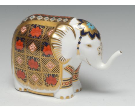 A Royal Crown Derby paperweight, Elephant, decorated in the 1128 Imari palette, specially commissioned by Gumps, limited edit