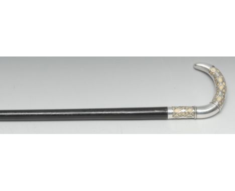 A French Art Nouveau silver-mounted ivory and ebony walking stick, curved handle pierced with quatrefoil and tracery reserves