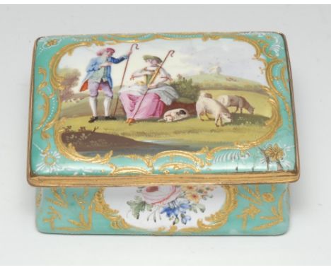 A good George III Bilston enamel rectangular table snuff box, the hinged cover painted with a shepherd and shepherdess in a p