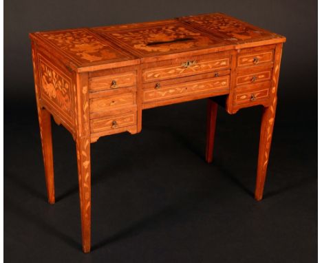 A 19th century Dutch mahogany and marquetry dressing table, rectangular top with hinged covers inlaid with flowering urns and