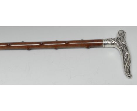 An Austrian Art Nouveau silver and snakewood walking stick, sinuous T-bar handle chased with foliage, branch-effect shaft, 88