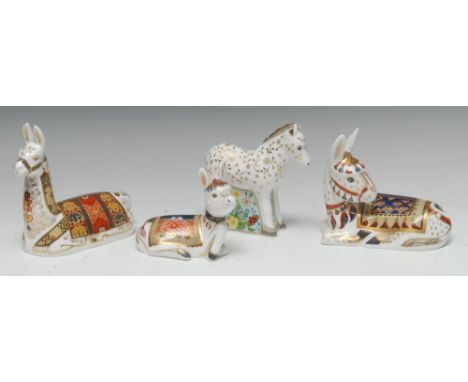 A Royal Crown Derby paperweight, Donkey Thistle, 1491/1500, printed mark, gold stopper, boxed; others, Holly Donkey Foal, She