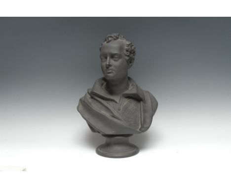 A Wedgwood black basalt portrait bust, of Lord Byron FRS (1788 - 1824), circular socle, 37cm high, titled to verso, impressed