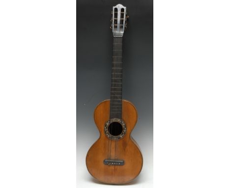A 19th century French parlour guitar, by Aubry Fils, the well-figured back 43.5cm long excluding button, the sound hole outli