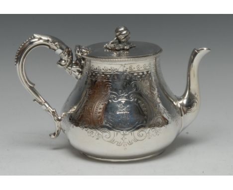 A Victorian silver teapot, bright-cut engraved overall, hinged cover, acanthus-capped scroll handle, 20cm long, Sheffield 187