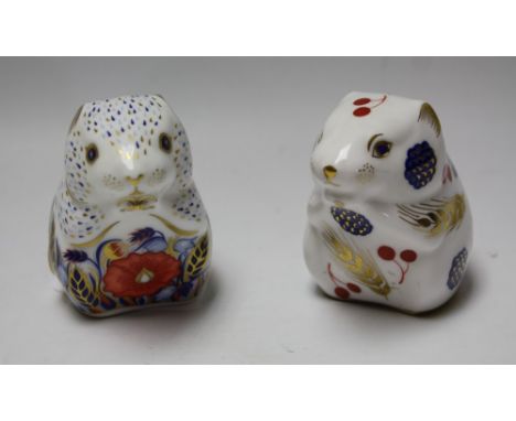 A Royal Crown Derby paperweight, Harvest Mouse, printed mark, ceramic stopper; another, Poppy Mouse, printed mark, gold stopp
