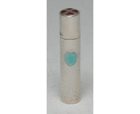 An Arts and Crafts silver and enamel cylindrical toothpick case, decorated in tones of red and turquoise with heart motifs on