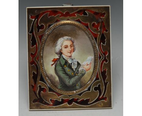 A 19th century French Boulle marquetry rectangular frame, enclosing a portrait miniature of an 18th century man of letters, h