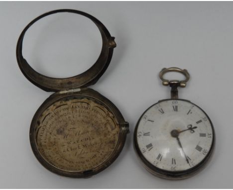 A George III silver pair cased pocket watch, James Wright, Derby, white enamel dial, Roman and Arabic numeral bands, chain dr