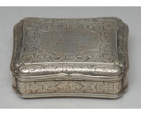 A Victorian silver shaped rectangular castle top table snuff box, engraved with a view of Hampton Court Palace, on a ground o