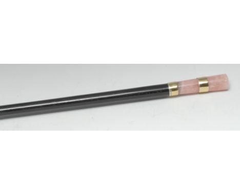 Tiffany &amp; Co - an Art Deco design silver-gilt mounted rose quartz and ebony walking stick, tapering geological handle app