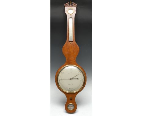 A 19th century satinwood barometer, the 25cm dial. inscribed George King, Woodbridge, mercury thermometer, architectural pedi