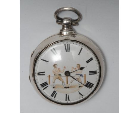 Pugilist Interest - a George IV gentleman's silver open-face pocket watch, the rare 5cm white enamel dial painted in polychro