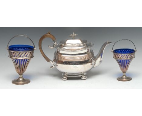 A graduated pair of Sheffield plate sugar vases, pierced and bright-cut engraved, swing-handles, circular bases, the largest 