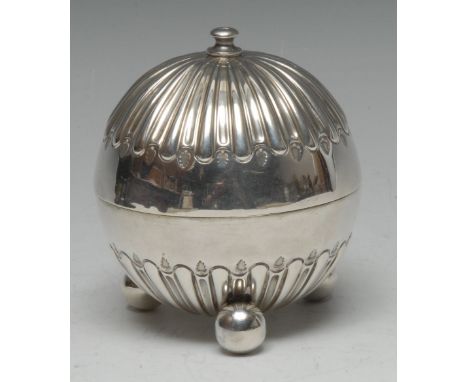 A Victorian silver half-fluted globular string box, screw-fitting cover, ball feet, 9.5cm high, William Hutton &amp; Sons Ltd