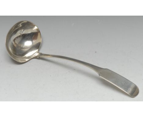 A Scottish Provincial silver Oar pattern soup ladle, 32cm long, Peter Ross, Aberdeen, c.1810